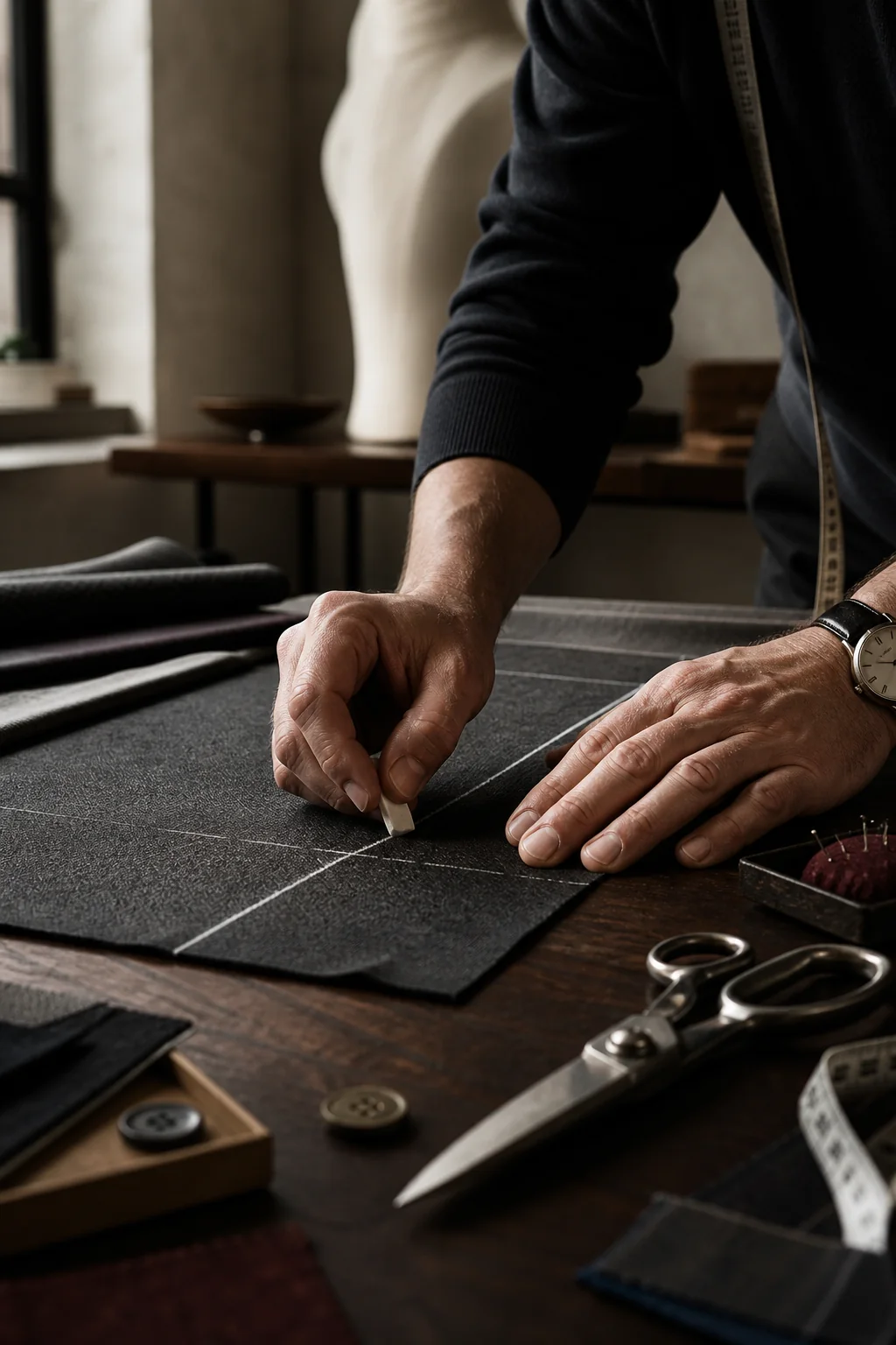 A tailor marking dark wool beside fabric swatches and buttons